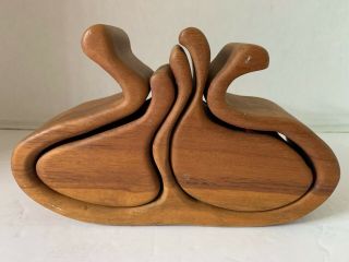 Hand Carved Vintage Wood Puzzle Trinket Box Mid Century Modern Form