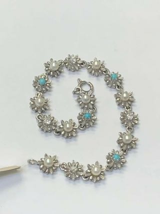 Vintage 18k White Gold Daisy Bracelet With Old Mine Cut Diamonds Turquoise Pearl