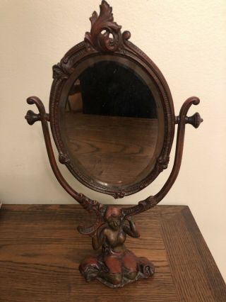 Antique Art Nouveau Kneeling Lady Cast Bronze Vanity Mirror Sculpture