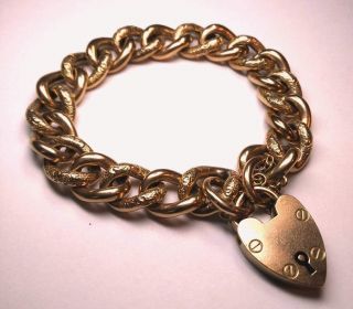 Antique Victorian 9ct Solid Rose Gold Padlock Heart Curb Link Charm Bracelet