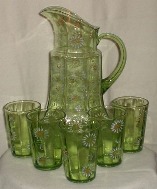 Antique Victorian Art Glass Green Hand Painted Enamel Water Set