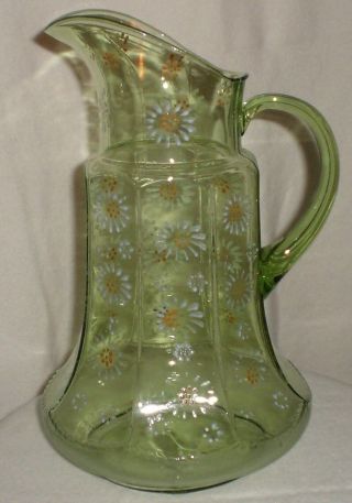 Antique Victorian Art Glass Green Hand Painted Enamel Water Set 2