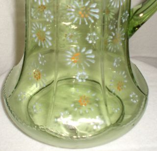 Antique Victorian Art Glass Green Hand Painted Enamel Water Set 3