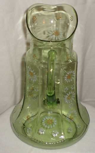 Antique Victorian Art Glass Green Hand Painted Enamel Water Set 4