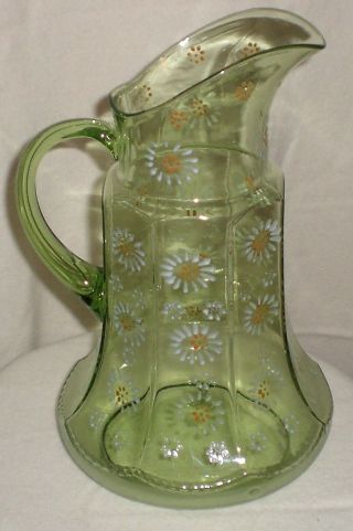 Antique Victorian Art Glass Green Hand Painted Enamel Water Set 5