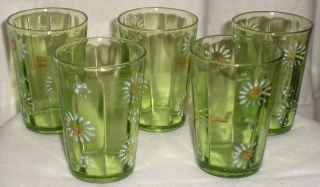 Antique Victorian Art Glass Green Hand Painted Enamel Water Set 8