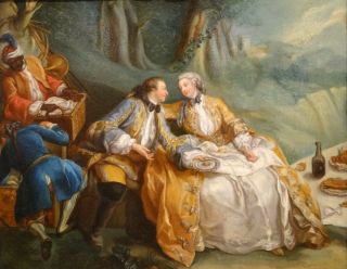 18th Century French Lover Picnic Fete Champetre Antique Oil Painting Fragonard 2