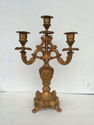 Antique Gilt Bronze Art Nouveau 3 Arm 4 Light Candle Holder Candelabra.  13.  5”