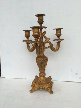 Antique Gilt Bronze Art Nouveau 3 Arm 4 Light Candle Holder Candelabra.  13.  5” 3