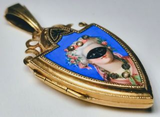 Antique 19th Century Swiss Victorian Enamel Masquerade 14K Gold Locket Pendant 2