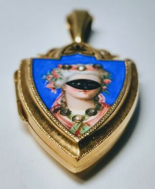 Antique 19th Century Swiss Victorian Enamel Masquerade 14K Gold Locket Pendant 3
