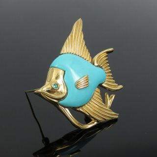 Estate Valentin Magro Natural Turquoise & Emerald 18k Yellow Gold Fish Brooch