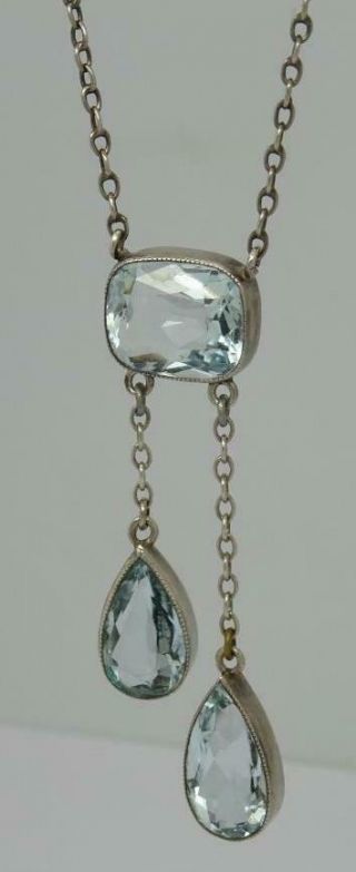 Antique Silver Edwardian 6.  70ct Aquamarine Negligee Drop Pendant Necklace