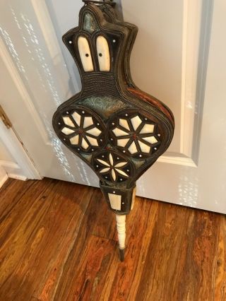 Vintage Fireplace Hand Air Bellows,  Brown Leather,  Wood And White Bone.