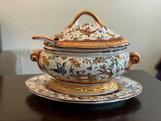 Hand Painted Soup Tureen With Matching Candlesticks - Made In Portugal