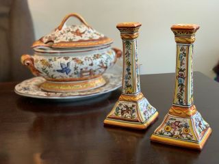 Hand Painted Soup Tureen with Matching Candlesticks - made in Portugal 3