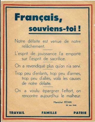 Francais,  Souviens - Toi Broadside Petain World War Ii Vichy France 1940