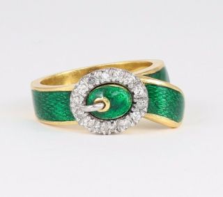 Vintage Solid 18ct Gold,  Diamond & Green Guilloche Enamel Buckle / Garter Ring