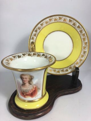 Antique French Old Paris Porcelain Cup & Saucer Gold Yellow Signed Portrait 1dd