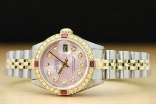 LADIES ROLEX DATEJUST 18K YELLOW GOLD/SS PINK RUBY DIAMOND STAINLESS STEEL WATCH 2