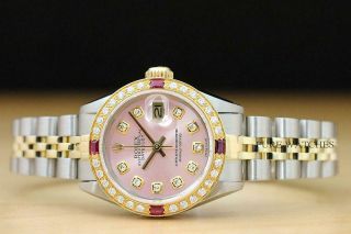 LADIES ROLEX DATEJUST 18K YELLOW GOLD/SS PINK RUBY DIAMOND STAINLESS STEEL WATCH 3