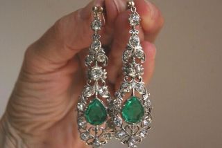 Fine Antique Silver Diamond & Emerald Old Cut Paste Drop Pendant Earrings 6.  0 Cm