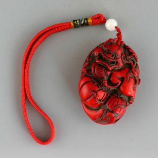 Collect Handwork Old Red Coral Carved Myth Animal Kylin Moral Bring Luck Pendant