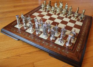 Metal Ancient Roman Figure & 19 " Wood & Mother Of Pearl Board Pattern Chess Set