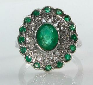 Large 9ct 9k White Gold Art Deco Ins Colombian Emerald & Diamond Ring Size