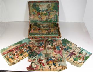 1890s Boxed Set Of Chromolithograph Wooden Puzzle Blocks Carousel,  Sideshow,
