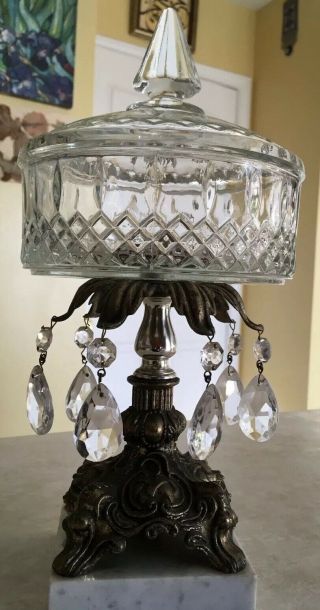 Vintage Clear Glass,  Marble &brass Pedestal Compote Candy Dish W/ Crystal Prisms