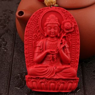 Natural Cinnabar Carving Chinese Mahasthamaprapta Guan Kwan Yin Pendant Necklace 3