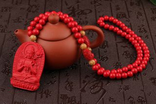 Natural Cinnabar Carving Chinese Mahasthamaprapta Guan Kwan Yin Pendant Necklace 5