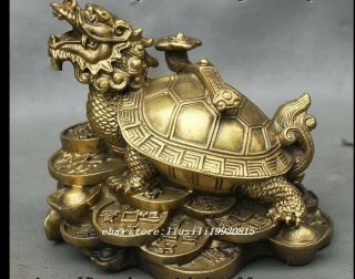 Chinese FengShui Brass Sculpture Weatlh Coin RuYi Dragon Turtle Tortoise Statue 3
