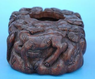Old Chinese Bamboo Hand - Carved Deer Writing - Brush Washer E01