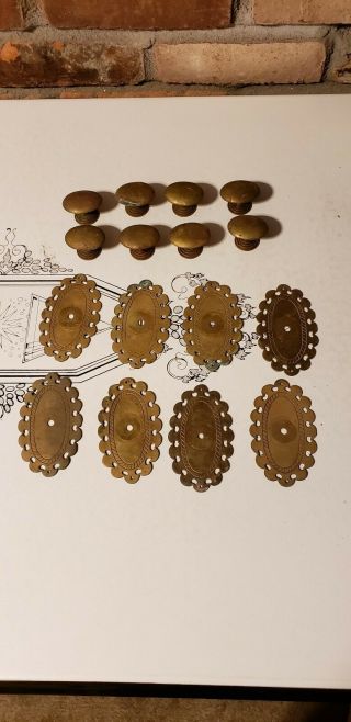 Antique Cast Brass Oval Drawer Knobs With Back Plates Set Of Eight
