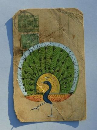 A Lovely Old Rajasthan Miniature Painting Indian Postcard Of A Peacock 82