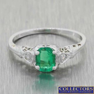 1930s Antique Art Deco Estate 14k White Gold.  45ctw Emerald Diamond Ring E8