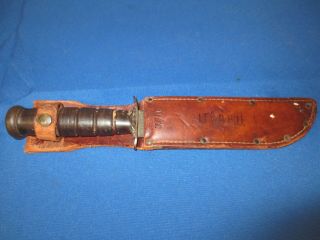 World War II Navy Issue Ka - Bar fighting knife with Leather Scabbard - Identified 2