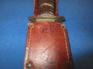World War II Navy Issue Ka - Bar fighting knife with Leather Scabbard - Identified 4