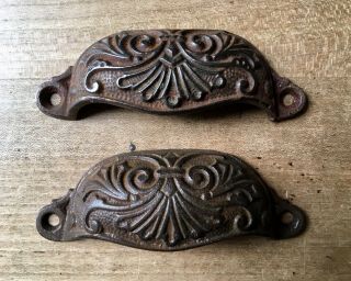 Pair Antique Drawer Pull Cup Handle Cast Iron Victorian Vintage Reclaimed