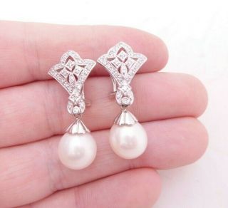 18ct Gold Diamond Cultured Pearl Earrings,  Art Deco Design 18k 750