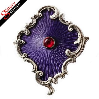Antique Imperial Russian Faberge 88 Silver Purple Enamel Guilloche Pin Brooch Ru