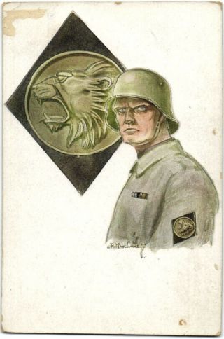 German Post Wwi Freikorps Von Epp Lion Badge Steel Helmet Postcard