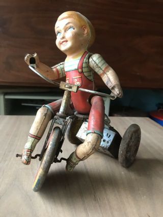Vintage Unique Art Kiddy Cyclist Wind Up Tricycle Litho Tin Toy,  Non