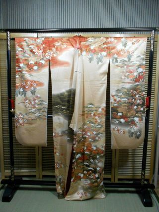 Japanese Kimono Silk " Furisode " Long Sleeves,  Ancient Scenery,  64 ".  720
