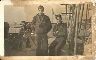 Pre Wwi Rppc Of 2 Us Navy Sailors On Ship W/ Cannon & Flag Real Photo Postcard