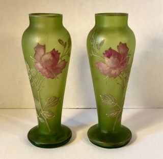 Pair Antique Bristol Glass Mantel Vases Hand Painted Flowers 7.  25 " Ca 1910 - 1920