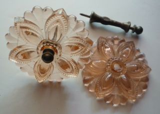 2 Vintage Curtain Tie Backs W/ Hardware - Pink Pressed Glass - Ornate Floral