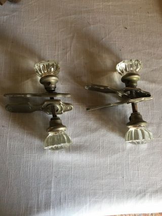 (2) Vintage Crystal Glass Door Knobs & Spindle 12 Point And 4 Plates